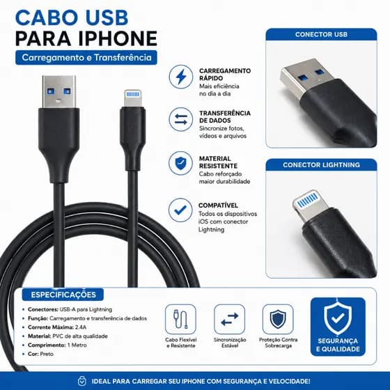 Cabo USB para iPhone Lightning 1 Metro Carregamento Rápido 5A Cabo de Dados Reforçado