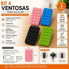 Kit 4 Ventosas para Celular Fixação Espelhos Superfícies Lisas Cores Diversas Silicone - Adrielly