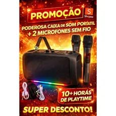 Caixa De Som Karaokê C/2 Microfones Sem Fio 120W/30CM Com Alça Bluetooth Pen-Drive Rádio USB SD