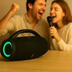 Caixa De Som Boombox 3 120W Karaokê Com 2 Microfones Bluetooth Pen-drive FM A Prova D'Água