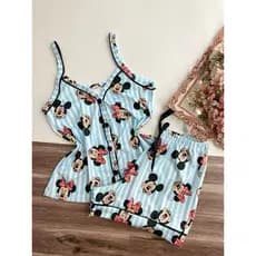 Vestido boneca feminino com botões, decote em V, pijama estampado, shorts boneca, coleção de pijamas femininos (Micheli)