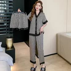 Conjunto de pijama feminino de 3 peças com mangas compridas, incluindo calças, pijama de seda gelada, pijama estampado m