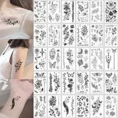 [Novo produto] Adesivos de tatuagem de lua de borboleta de flores pretas femininos à prova d'água de longa duração decor