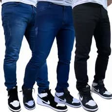 Kit com 3 Calças Jeans Masculina Premium Skinny Corte tradicional Basico com Lycra Lavagem Clara Escura ou Preta