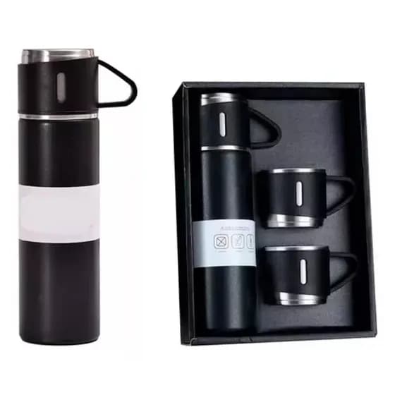 Kit Garrafa Térmica 500ml + 3 Xícaras em Aço Inoxidável  - Preto