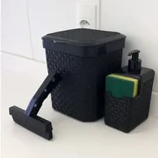 Conjunto peças para Cozinha Lixeira + Rodo + Porta Detergente com Base Esponja Rattan 5L preto