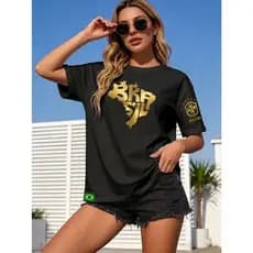 Blusa feminina estilosa camiseta T-shirt100%algodão esporte cultura dourado mapa brasil