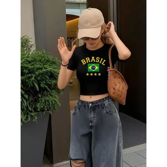 Blusa Slim Fit Baby tee Babylook suplex compressão colada feminina confortavel brasilidades brasil