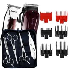 Kit Barbeiro Profissional KM2600 KM032 | Máquinas Cortar Cabelo + Kit Tesouras Fio Navalha + Capa