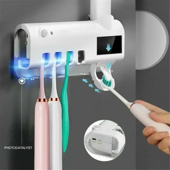 Dispenser Pasta De Dente Automático Suporte Porta Escova Esterilizador UV Solar Organizador Banheiro