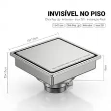 Ralo Invisível Inox 15x15 Click Pop Up Banheiro Anticheiro  Fácil Instalação Moderno
