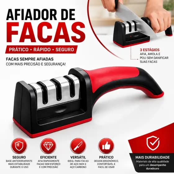 Afiador de Facas Profissional 3 em 1 Inox - Afiação Rápida e Design Ergonômico