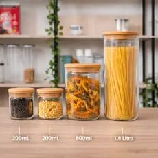 kit potes herméticos bambu grãos,arroz,feijão,macarrão temperos açúcar, café e farinhas vidro