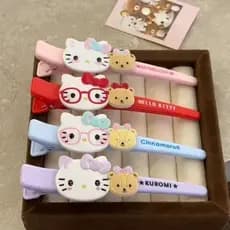 Óculos dos desenhos animados tira longa grande sem costura franja lado Duckbill clipe hellokitty grampo de cabelo longo