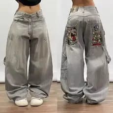 Calças Jeans Baggy Streetwear Y2K Hip Hop Retro com Bolsos, Calças Pretas Masculinas Punk Rock de Cintura Alta e Perna L