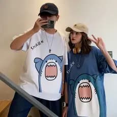 Camiseta Masculina com Estampa de Tubarão Cartoon, Gola Redonda, Manga Curta XPXJ