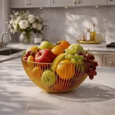Fruteira Redonda Aramada Dourada ou Preta de 25cm Metal Porta Frutas Bancada Cozinha Moderna