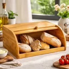 Porta Pão Bambu Cozinha Com Tampa Retrátil Para Pães Bolachas Armazenamento