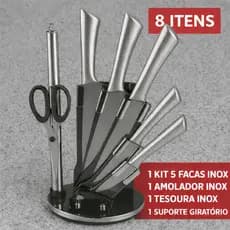 Kit Faqueiro Inox Premium 8 Itens: 5 Facas + 1 Amolador + 1 Tesoura + 1 Suporte Giratório Churrasco