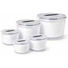 Potes Organizadores Premium com Escorredor e Tampa Hermética – Conjunto 5 Empilhável para Armazenamento de Alimentos