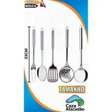 Kit 5 Utensílios de Cozinha em Aço Inox Colher De Arroz Concha Escumadeira Espatula vazada e Garfo