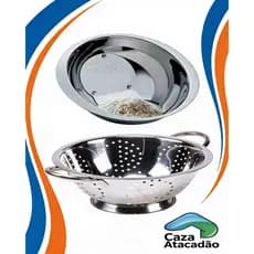 Kit Conjunto Escorredor De Massa e Macarrão 24cm com Alça em Inox + Lavador de Arroz 25cm em Inox