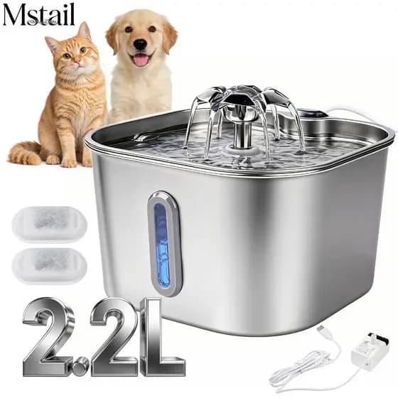 Mstail 2.2L Fonte de água automática em aço inoxidável de grande capacidade para gatos com janela de visualização