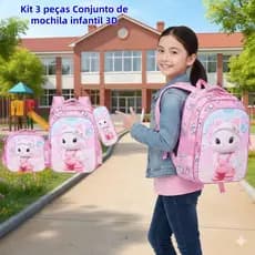 Kit 3 Peças  Mochila Escolar Infantil em PU 3D com Lancheira e Estojo para Menina e Menino