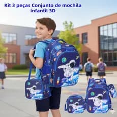 Kit 3 Peças  Mochila Escolar Infantil em PU 3D com Lancheira e Estojo para Menina e Menino