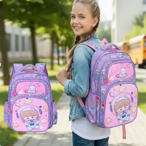 Mochila Escolar Infantil 3D em PU 16” para Meninas - Bonito com Estampa Animada