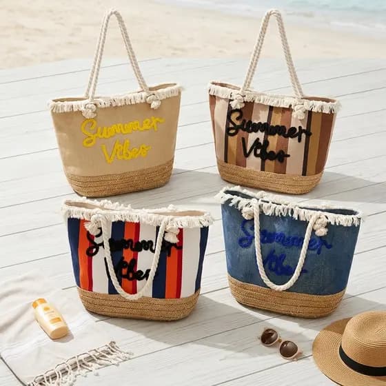 Bolsa De Praia Feminina Grande De Palha 45cm Com Bordado E Tassel Para Verão E Viagem