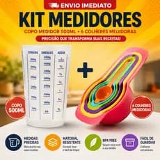 Kit Medidor Receitas 500ML com 6 Colheres Medidoras Coloridas Xícara Culinária Cozinha