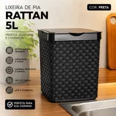 Lixeira de Pia Mesa 5L Rattan Preta com Tampa Cesto de Lixo Compacto Moderno Multiuso