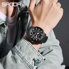 3379 SANDA Relógio Eletrônico Masculino Tela Dupla Esportes Tipo Calendário Multifuncional À Prova D'água LED