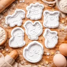 Kit 14 Peças Cortadores e Marcadores de Biscoito Animais da Fazenda – 7 Cortadores + 7 Marcadores