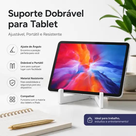 Suporte Dobrável para Tablet Ajustável e Portátil Compatível com Diversos Tamanhos