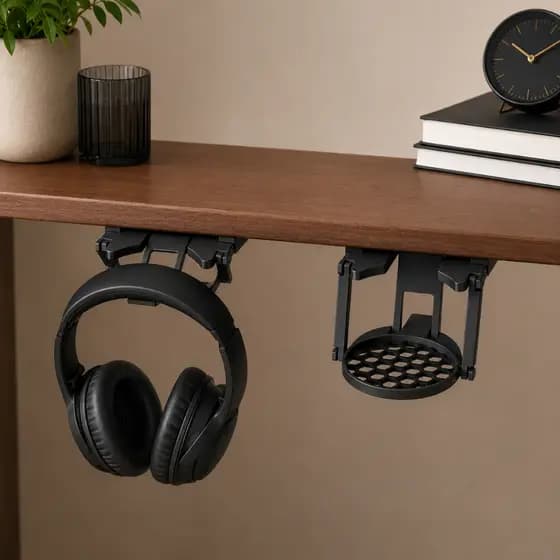 Suporte Dobrável para Copo e Fone de Ouvido para Mesa | Organizador Retrátil para Instalação Sob a Mesa