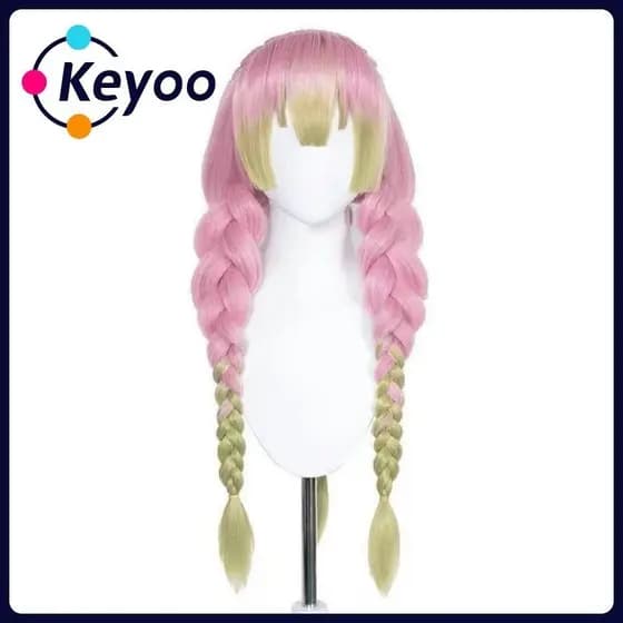 [KEYOO] Peruca Cosplay Demônio , Kimetsu no Yaiba Long Demon Slayer , Mitsuri Kanroji Verde Rosa0