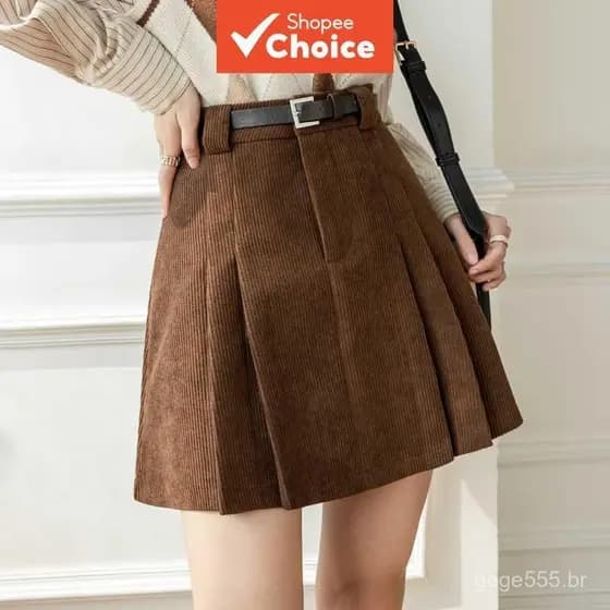 Saia Curta de Cintura Alta em Corduroy Marrom Retrô, Estilo Casual Vintage