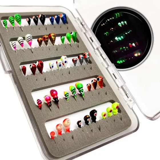 Kit de 45 Peças de Iscas de Tungstênio para Pesca no Gelo, Cabeças de Jig de Tungstênio Micro Glow para Pesca de Inverno