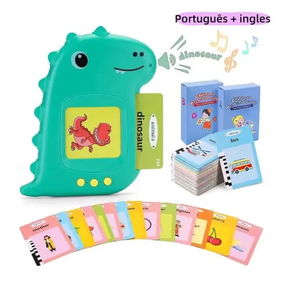 Leitor de Cartões Educativo Dinossauro Bilíngue Português Inglês para Aprendizagem Infantil Pré-Escolar