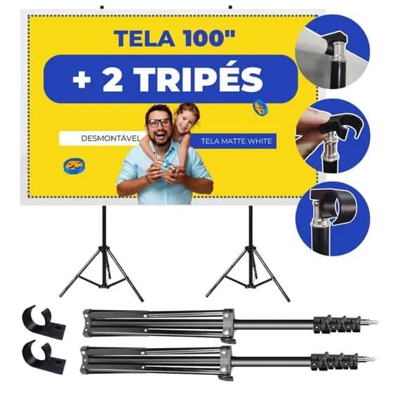 Tela para Projetor Projeção com Tripé Ajustável Portátil Datashow para Escola Igreja e Escritório