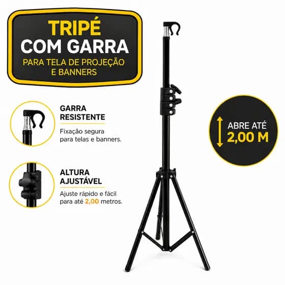 Tripé com Garra Ajustável 2 metros para Tela de Projeção e Porta Banner Profissional