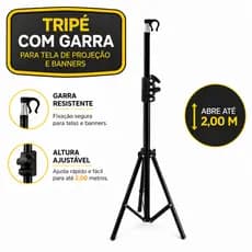 Tripé com Garra Ajustável 2 metros para Tela de Projeção e Porta Banner Profissional