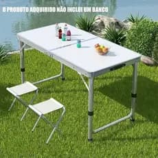 Kit Mesa Dobrável Portátil Vira Maleta Camping Churrasco 90X60cm com 2 Banquinhos Dobráveis Brancos