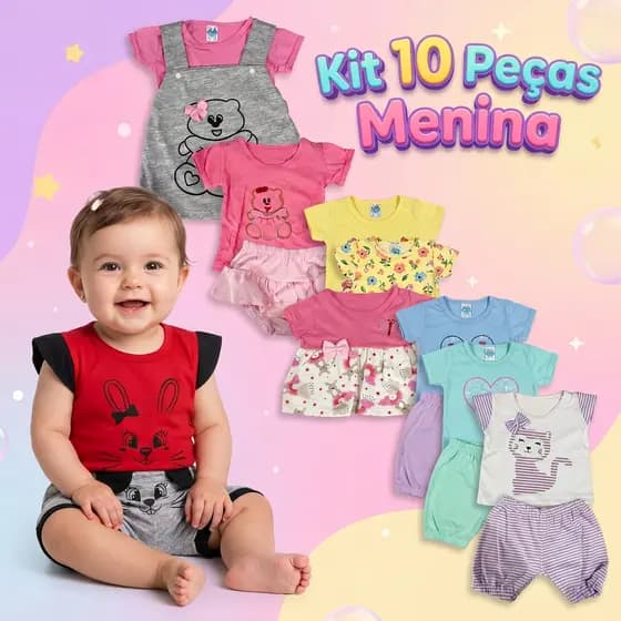Kit 10 Peças Menina Bebê Infantil Peças de Roupas Verão Infantil Fashion Short Blusa Algodão