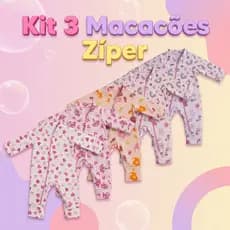 Kit 3 Macacão Estampado Ziper Menina Bebê Algodão Vira Pé Inverno Verao Infantil Macio Macacões