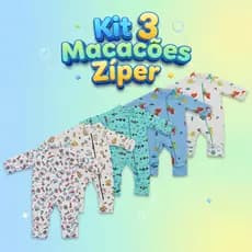 Kit 3 Macacão Estampado Ziper Menino Bebê Algodão Vira Pé Inverno Verao Infantil Macio Macacões