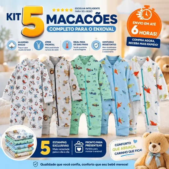 Kit 5 Macacão Bebê Estampado Ziper Menino Algodão Vira Pé Inverno Enxoval Macio Inverno