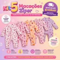 Kit 5 Macacão Bebê Estampado Ziper Menina Algodão Vira Pé Inverno Enxoval Macio Inverno